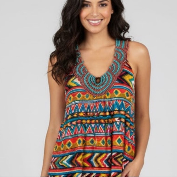 FOREVER 21 BOHO tank top SOUTHWESTERN AZTEC PRINT Jeweled neckline SIZE M SUMMER - Picture 1 of 11